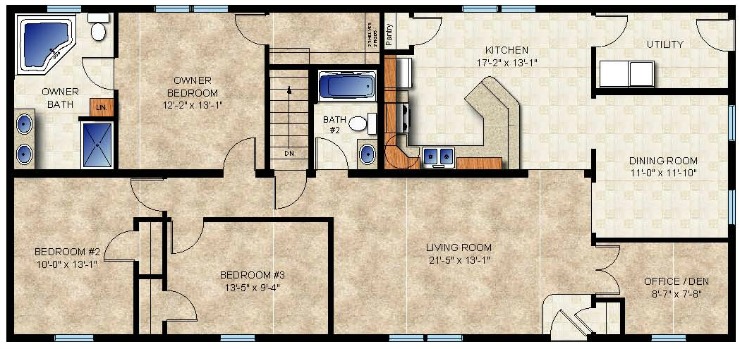 Floorplan of modular home Landmark - 3 bed 2 bath